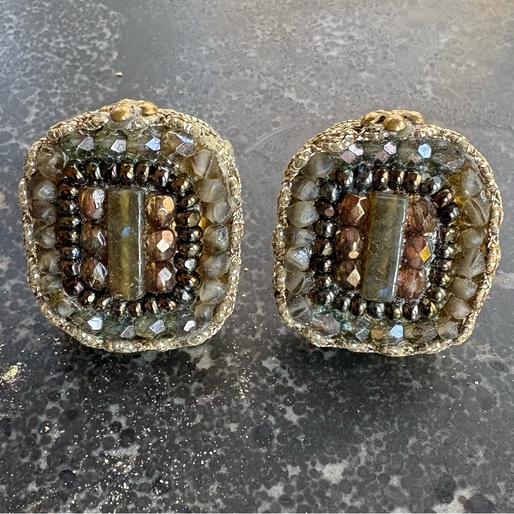 Beautiful Rectangular Beaded Earrings in Sage with Gold Braided Trim